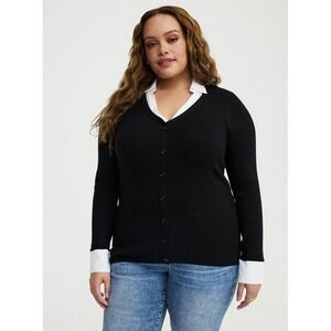 NWT Torrid Womens 3X Black Ribbed 2-in-1 Layered Sweater Faux Button Front FUN